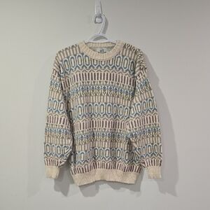 Retro 90's Van Heusen Beige and Blue Patterned Crewneck Cotton Knit Sweater